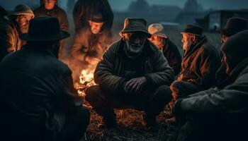 kaukasisch Erwachsene Sitzung durch Lagerfeuer, Flammen Verbrennung hell generiert durch ai foto