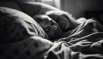 heiter Paar umarmt im komfortabel Bettzeit Liebe generiert durch ai foto