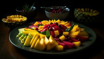 frisch Obst Salat auf hölzern Platte, gesund Snack generiert durch ai foto