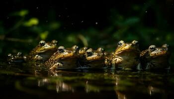 Grün Ochsenfrosch Sitzung im nass Sumpf Teich generiert durch ai foto