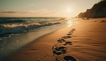 still Szene beim Wasser Rand, Fußabdrücke im Sand generiert durch ai foto