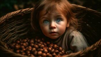 lächelnd Kleinkind hält frisch Obst im Korb draußen generiert durch ai foto