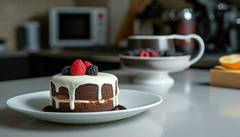 frisch gebacken Beere Kuchen, ein Süss Genuss generiert durch ai foto