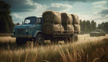 Ernte Weizen, Heu ballen, und Transportieren mit kombinieren generiert durch ai foto