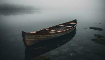 Ruderboot gleitet auf still Teich, umgeben durch Natur generiert durch ai foto