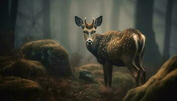 gehörnt Hirsch steht im Herbst Wald Wiese generiert durch ai foto