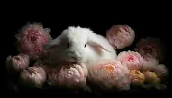 flauschige Baby Hase Sitzung im Rosa Blumen generiert durch ai foto