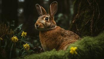 flauschige jung Hase Sitzung im Grün Wiese generiert durch ai foto