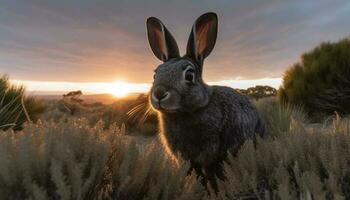 flauschige Hase genießt das Sonne im Wiese generiert durch ai foto