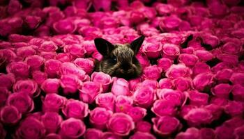 flauschige Baby Hase genießt Rosa Blume Blütenblätter generiert durch ai foto