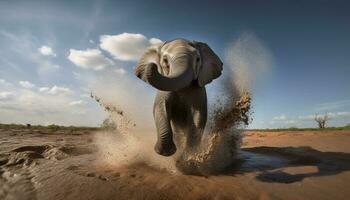 afrikanisch Elefant planschen im nass Sand Bewegung generiert durch ai foto