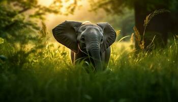 afrikanisch Elefant Gehen im das Grün Wiese generiert durch ai foto