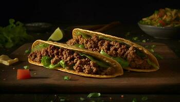 frisch gegrillt Rindfleisch Taco mit hausgemacht Guacamole generiert durch ai foto