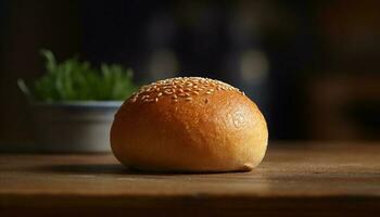 frisch gebacken Gourmet Burger auf rustikal hölzern Tabelle generiert durch ai foto