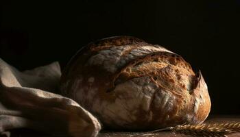 ein rustikal Tabelle mit frisch gebacken Brot generiert durch ai foto