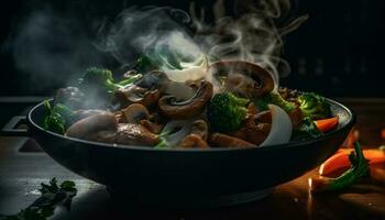 gegrillt Fleisch und Gemüse auf rustikal Teller generiert durch ai foto