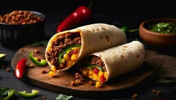 gegrillt Rindfleisch Taco mit frisch Tomate und Koriander generiert durch ai foto