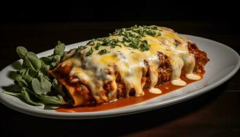 frisch gebacken Lasagne mit gesund Gemüse Soße generiert durch ai foto