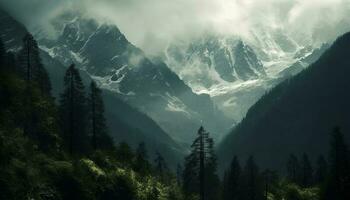 majestätisch Berg Gipfel steigt an hoch über still Wiese generiert durch ai foto