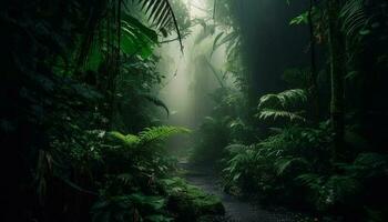 ein gespenstisch Nebel Leichentücher das mysteriös Wald generiert durch ai foto