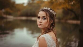 ein schön Braut im Herbst Natur Glückseligkeit generiert durch ai foto
