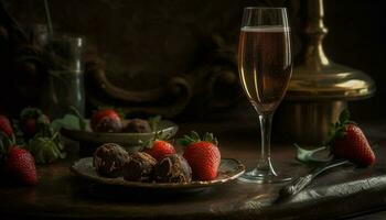 rustikal Tabelle Genuss frisch Beere Dessert und Wein generiert durch ai foto