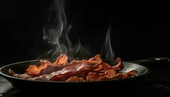 gegrillt Schweinefleisch Steak brutzelnd auf Besetzung Eisen generiert durch ai foto