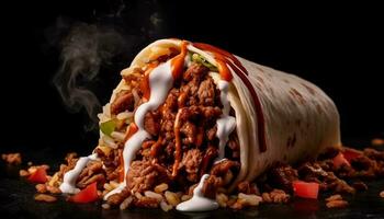 gegrillt Rindfleisch Taco auf hausgemacht Fladenbrot, Gourmet generiert durch ai foto