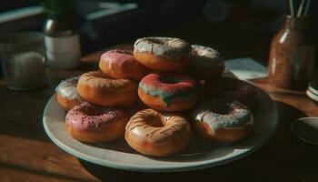 nachsichtig Krapfen Platte, verlockend Süss Snack Variation generiert durch ai foto