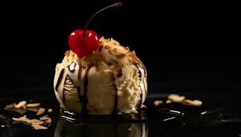 nachsichtig Gourmet Dessert Schokolade Fudge Kuchen mit Beeren generiert durch ai foto