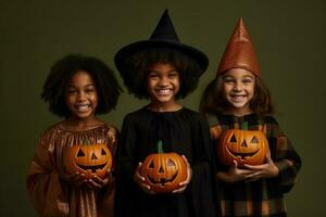 ein Illustration von Kinder tragen ein Halloween Kostüm , ai generiert foto