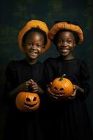 ein Illustration von Kinder tragen ein Halloween Kostüm , ai generiert foto