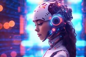 Illustration von ein Cyborg Frau und ai Technologie Hintergrund , ai generiert foto