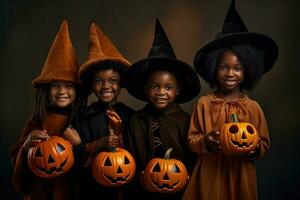 ein Illustration von Kinder tragen ein Halloween Kostüm , ai generiert foto
