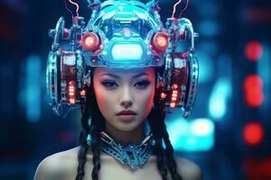Illustration von ein Cyborg Frau und ai Technologie Hintergrund , ai generiert foto
