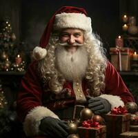 Illustration von ein Santa claus mit ein Weihnachten Hintergrund, ai generiert foto