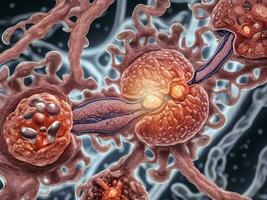 das Konzept, simuliert 3d Illustration von Tumor und Krebs Zellen im das Anatomie Mensch. Illustration zum medizinisch, Wissenschaft, Biologie, Biochemie, und wissenschaftlich Forschung. generativ ai. foto