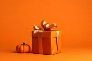 Halloween einer Orange Geschenk Box mit Band und ein Bogen, auf Orange Hintergrund mit Platz zum Text, wenig Orange Kürbis nahe. Urlaub Herbst Einkaufen Verkauf. das Erntedankfest Tag Geschenk. ai generiert foto
