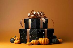 Halloween zwei schwarz Geschenk Kisten mit Spinne Netz Muster, Bronze- Band und ein Bogen, auf Orange Hintergrund mit Kopieren Raum. wenig Orange und schwarz Kürbisse um. Herbst Einkaufen Verkauf. ai generiert. foto