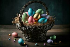 bunt und golden Ostern Eier im Korbweide Korb auf hölzern Tabelle im dunkel Zimmer Hintergrund. Gruß Karte zum Ostern Feiertage. ai generiert foto