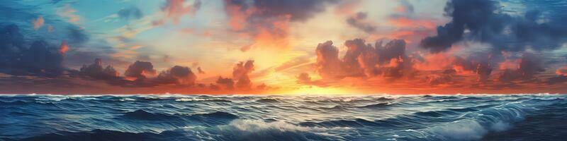 lange Panorama lebendig bunt Himmel nach Sonnenuntergang Über das dunkel Blau Ozean, tobt Wellen. Illustration im Zeichnung Stil, ai generiert foto