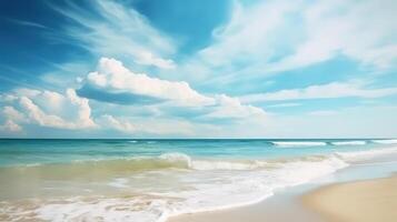 Meer Küste und Blau Himmel geschmückt mit flauschige Weiß Wolken. Blau Türkis Meer, Wellen mit Weiß Schaum Lauf in Gelb Sand. gut Platz zum Ruhe Sommer- Rückzug. horizontal Bild, ai generiert foto