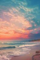 Koralle und Blau Wolken auf Himmel nach Sonnenuntergang. Wellen Absturz auf sandig Strand. Vertikale Illustration, ai generiert foto