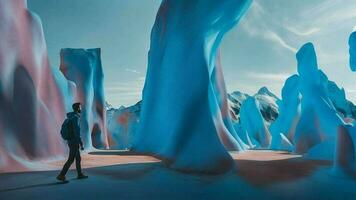Mann erkunden durch hoch Eisberg foto