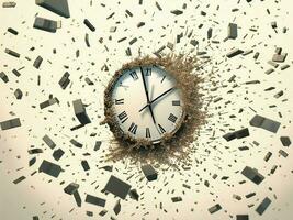 Zeit ist Laufen aus Konzept zeigt an Uhr Das ist Auflösung Weg in wenig Partikel. Zeit fliegt Konzept foto
