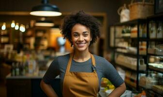 ein freundlich Frau Arbeiten im ein Verkauf speichern. ai generiert foto