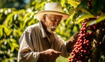 alt Mann pflücken Kaffee von ein Kaffee Plantage. ai generiert foto