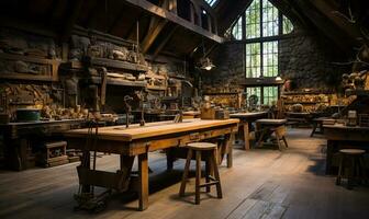 Holzbearbeitung Werkstatt. Mitte des Jahrhunderts Epoche. ai generiert foto