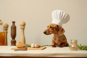 ein süß braun Dackel Hund tragen ein Koch Deckel Sitzung im Vorderseite von ein Küche Tabelle gefüllt mit Zutaten zum Kochen foto