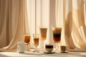 köstlich Kaffee Tassen auf ein Tabelle und ein Morgen Licht Fenster foto